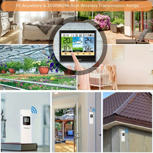 Planet Gates Black 1pc Weather Station Wireless Indoor Outdoor Thermometer Hygrometer With Dew Point, Heat Index, Touch LCD Display Digital Weather Thermometer With Alarm Clock And Adjustable Backlight