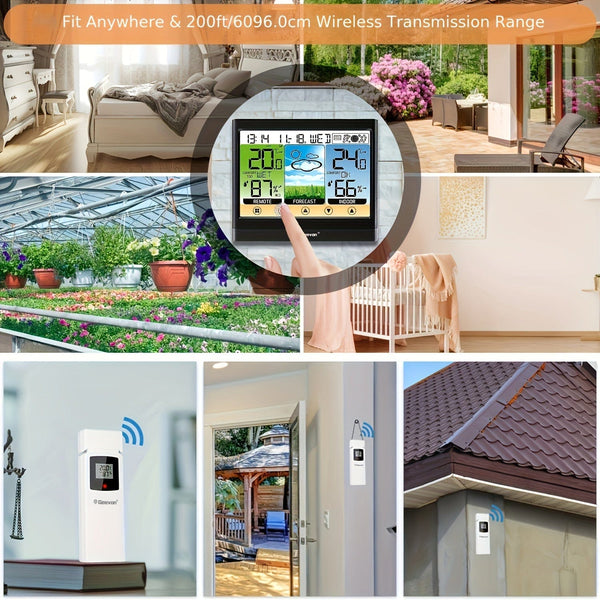 Planet Gates Black 1pc Weather Station Wireless Indoor Outdoor Thermometer Hygrometer With Dew Point, Heat Index, Touch LCD Display Digital Weather Thermometer With Alarm Clock And Adjustable Backlight