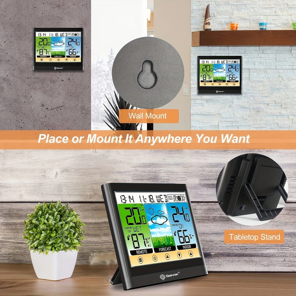 Planet Gates Black 1pc Weather Station Wireless Indoor Outdoor Thermometer Hygrometer With Dew Point, Heat Index, Touch LCD Display Digital Weather Thermometer With Alarm Clock And Adjustable Backlight