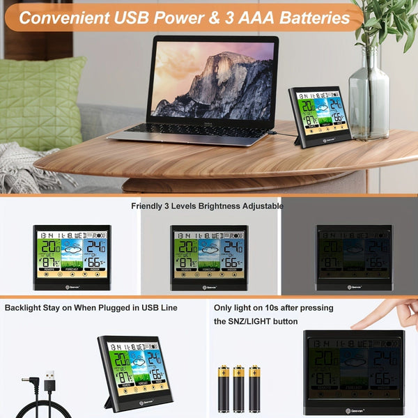 Planet Gates Black 1pc Weather Station Wireless Indoor Outdoor Thermometer Hygrometer With Dew Point, Heat Index, Touch LCD Display Digital Weather Thermometer With Alarm Clock And Adjustable Backlight