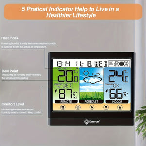 Planet Gates Black 1pc Weather Station Wireless Indoor Outdoor Thermometer Hygrometer With Dew Point, Heat Index, Touch LCD Display Digital Weather Thermometer With Alarm Clock And Adjustable Backlight
