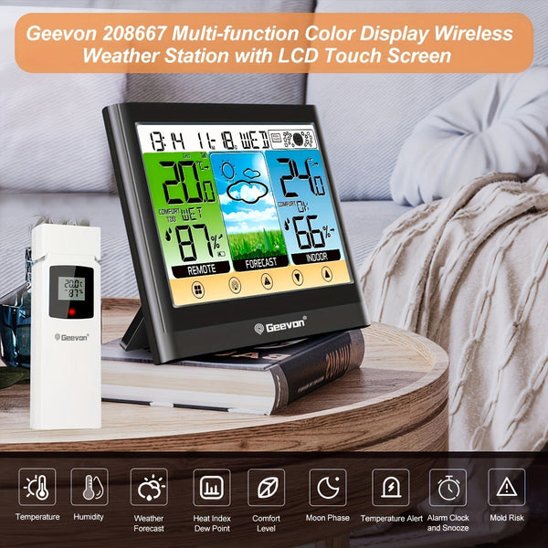 Planet Gates Black 1pc Weather Station Wireless Indoor Outdoor Thermometer Hygrometer With Dew Point, Heat Index, Touch LCD Display Digital Weather Thermometer With Alarm Clock And Adjustable Backlight
