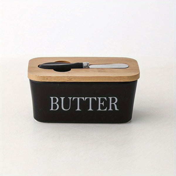 Planet Gates Black 1set Ceramic Butter Dish With Bamboo Lid And Knife, Large Butter Keeper Container For Counter, Airtight Butter Holder With Cover For Kitchen