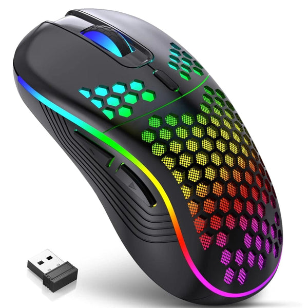 Planet Gates Black 2.4G Wireless Gaming Mouse RGB Lighting Charging Mouse  with Adjustable DPI Ergonomic Honeycomb Design for Desktop Laptop