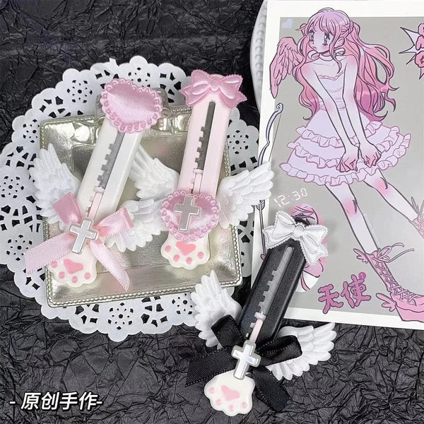 Planet Gates black 2 Cute Cat Paw Utility Knife Lovely Wing Bowknot Style Open Box Cutter Letter Envelope Opener Mail Knife School Office Supplies