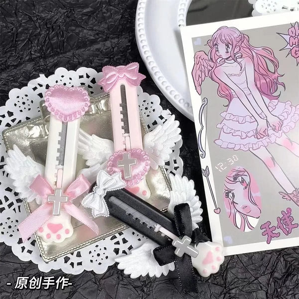 Planet Gates black 2 Cute Cat Paw Utility Knife Lovely Wing Bowknot Style Open Box Cutter Letter Envelope Opener Mail Knife School Office Supplies