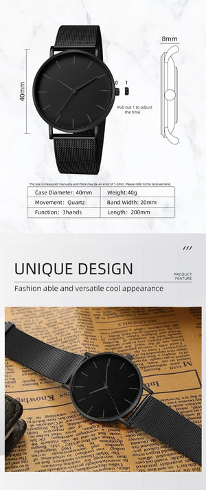 Planet Gates Black 2023 Minimalist Men Fashion Ultra Thin Watches Simple Men Business Stainless Steel Mesh Belt Quartz Watch Leisure Men Watch