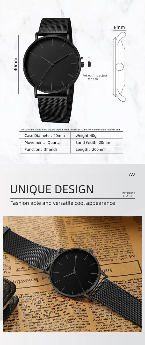 Planet Gates Black 2023 Minimalist Men Fashion Ultra Thin Watches Simple Men Business Stainless Steel Mesh Belt Quartz Watch Leisure Men Watch