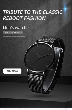 Planet Gates Black 2023 Minimalist Men Fashion Ultra Thin Watches Simple Men Business Stainless Steel Mesh Belt Quartz Watch Leisure Men Watch