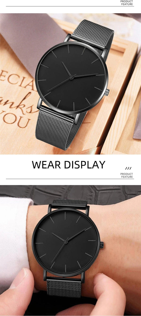 Planet Gates Black 2023 Minimalist Men Fashion Ultra Thin Watches Simple Men Business Stainless Steel Mesh Belt Quartz Watch Leisure Men Watch