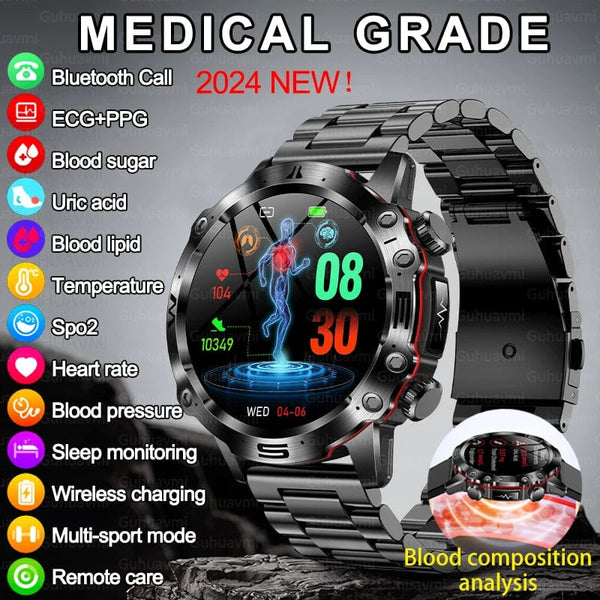 Planet Gates Black 2024 AI Medical Diagnosis Smart Watch Bluetooth Call Blood Sugar Blood Lipid Uric Acid Monitor HRV ECG Smartwatch For Men Women