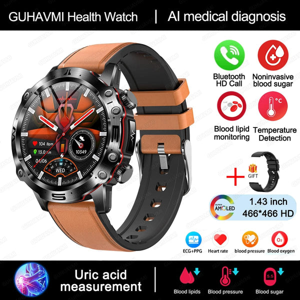 Planet Gates Black 2024 AI Medical Diagnosis Smart Watch Bluetooth Call Blood Sugar Blood Lipid Uric Acid Monitor HRV ECG Smartwatch For Men Women