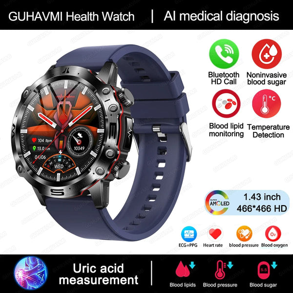 Planet Gates Black 2024 AI Medical Diagnosis Smart Watch Bluetooth Call Blood Sugar Blood Lipid Uric Acid Monitor HRV ECG Smartwatch For Men Women