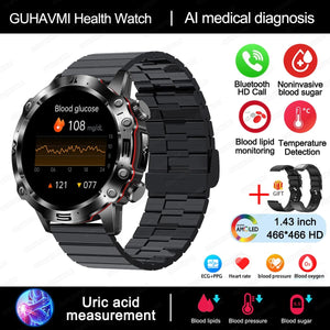 Planet Gates Black 2024 AI Medical Diagnosis Smart Watch Bluetooth Call Blood Sugar Blood Lipid Uric Acid Monitor HRV ECG Smartwatch For Men Women