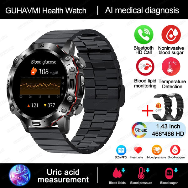 Planet Gates Black 2024 AI Medical Diagnosis Smart Watch Bluetooth Call Blood Sugar Blood Lipid Uric Acid Monitor HRV ECG Smartwatch For Men Women