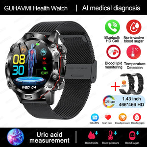 Planet Gates Black 2024 AI Medical Diagnosis Smart Watch Bluetooth Call Blood Sugar Blood Lipid Uric Acid Monitor HRV ECG Smartwatch For Men Women