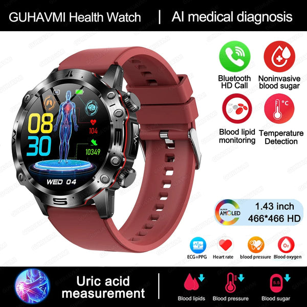 Planet Gates Black 2024 AI Medical Diagnosis Smart Watch Bluetooth Call Blood Sugar Blood Lipid Uric Acid Monitor HRV ECG Smartwatch For Men Women