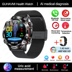 Planet Gates Black 2024 AI Medical Diagnosis Smart Watch Bluetooth Call Blood Sugar Blood Lipid Uric Acid Monitor HRV ECG Smartwatch For Men Women