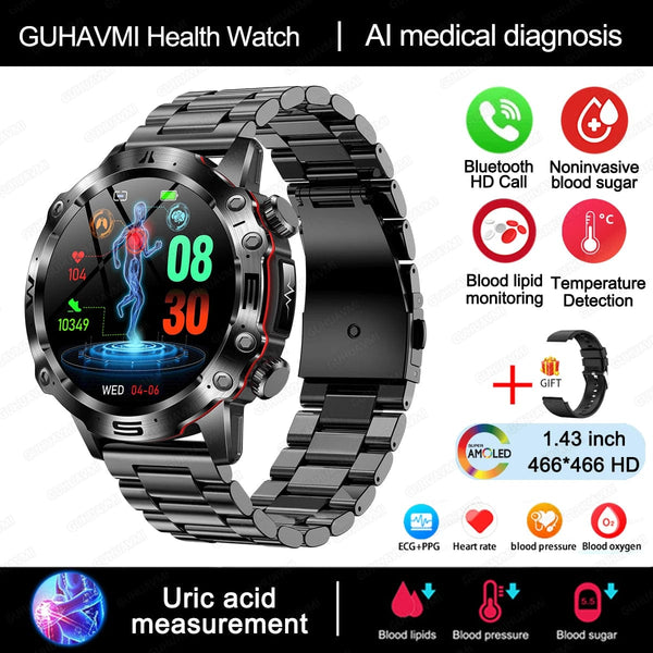 Planet Gates Black 2024 AI Medical Diagnosis Smart Watch Bluetooth Call Blood Sugar Blood Lipid Uric Acid Monitor HRV ECG Smartwatch For Men Women