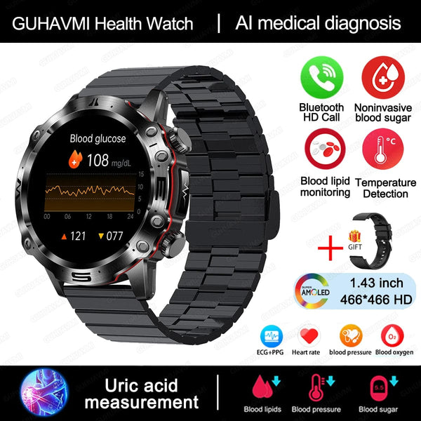 Planet Gates Black 2024 AI Medical Diagnosis Smart Watch Bluetooth Call Blood Sugar Blood Lipid Uric Acid Monitor HRV ECG Smartwatch For Men Women