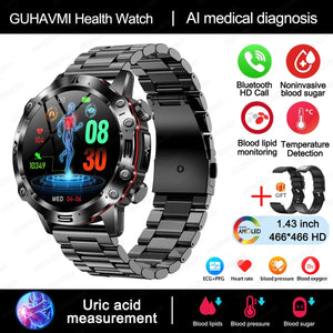 Planet Gates Black 2024 AI Medical Diagnosis Smart Watch Bluetooth Call Blood Sugar Blood Lipid Uric Acid Monitor HRV ECG Smartwatch For Men Women