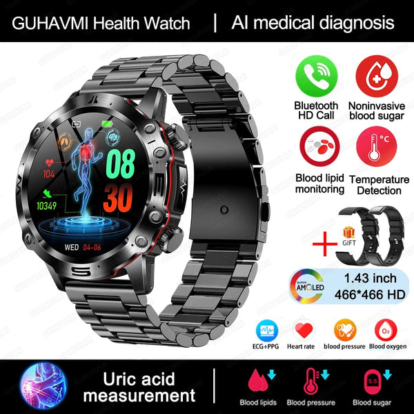 Planet Gates Black 2024 AI Medical Diagnosis Smart Watch Bluetooth Call Blood Sugar Blood Lipid Uric Acid Monitor HRV ECG Smartwatch For Men Women