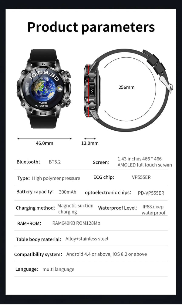 Planet Gates Black 2024 AI Medical Diagnosis Smart Watch Bluetooth Call Blood Sugar Blood Lipid Uric Acid Monitor HRV ECG Smartwatch For Men Women