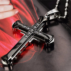 Planet Gates Black 2024 New Male Crystal Cross Jesus Pendant Gold/Black/Blue Color Zirconia   Necklace Stainless Steel Jewelry