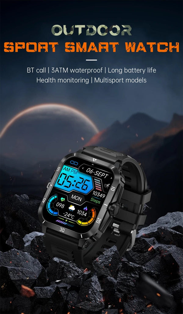 Planet Gates Black 2024 Outdoor Military 3ATM Waterproof Smart Watch Men 430mAh Battery Sports Fitness Watches Bluetooth Call Smartwatch App:Da Fit