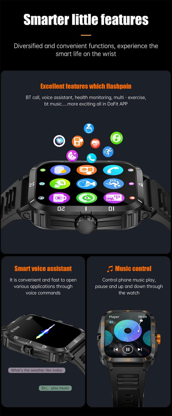 Planet Gates Black 2024 Outdoor Military 3ATM Waterproof Smart Watch Men 430mAh Battery Sports Fitness Watches Bluetooth Call Smartwatch App:Da Fit