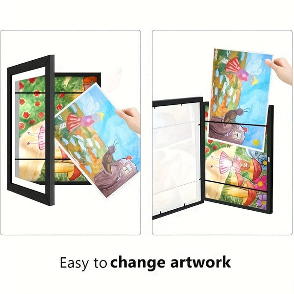 Planet Gates Black 2pcs 2pcs/set Art Frames, A4 Front Open Picture Frames, Wooden Wall-mounted Frames, Modern Home Transparent Frames, Flip Wooden Magnetic Frames, For Storing And Displaying Artworks, Graffiti, Awards, And Certificates,
