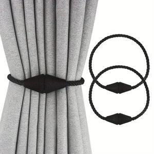 Planet Gates Black 2pcs Modern Magnetic Curtain Tiebacks - Handmade Weave Holdbacks for Bedroom and Living Room - Easy to Use and Stylish Home Decor