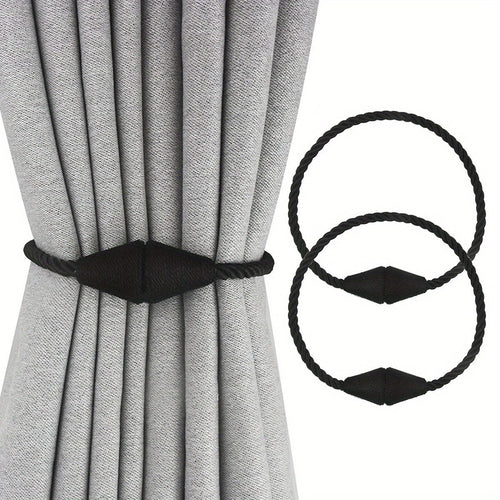 Planet Gates Black 2pcs Modern Magnetic Curtain Tiebacks - Handmade Weave Holdbacks for Bedroom and Living Room - Easy to Use and Stylish Home Decor
