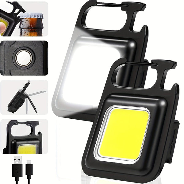 Planet Gates Black 2pcs Rechargeable COB Key Chain Flashlight, 3 Light Modes Work Light, Portable Pocket Flashlight Key Chains, Camping Small Corkscrew, Outdoor Pocket Light