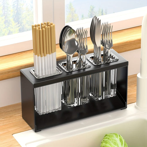 Planet Gates Black / 3-cup Cylinder Holder [with Built-in Drain] 1pc Multifunctional Drain Rack With Built-in Drainage Storage Box, Household Chopstick Tube, Kitchen Tableware Storage Rack, Knife, Fork And Spoon Storage Rack