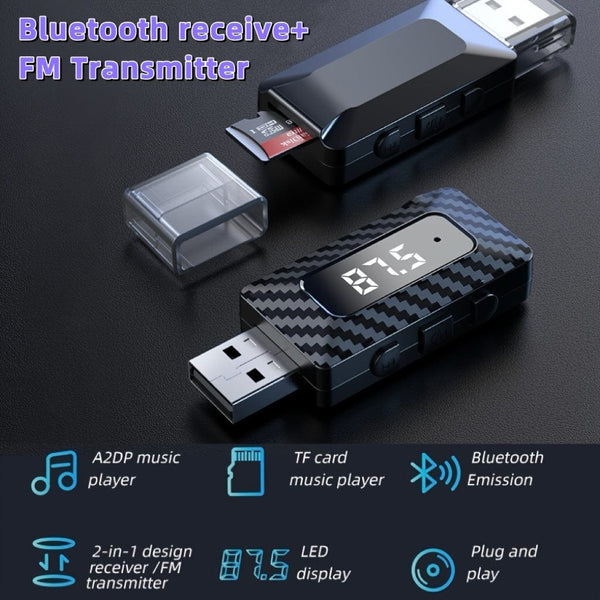 Planet Gates Black 3-in-1 USB Car Wireless 5.3 AUX Car Adapter, FM Transmitter With TF Card Slot, For Car, Home Audio