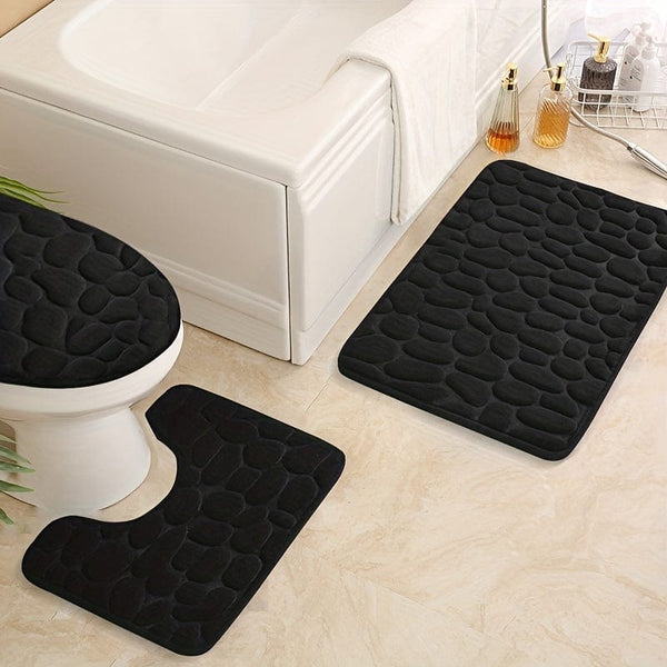 Planet Gates Black 3pcs/set, Memory Foam Bathroom Rugs Set, Cobblestone Embossed Ultra Soft Non-Slip Bath Rug & Absorbent Bath Mat Carpets, Includes U-Shaped Contour Rug, Perfect For Bathroom/Shower, Bathroom Supplies
