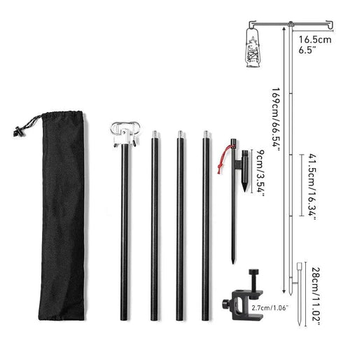 Planet Gates Black 4-Section WESTTUNE Camping Lamp Stand with Double Hooks Aluminum Alloy Foldable Lamp Pole Telescopic Outdoor Light Holder Lamp Hanger
