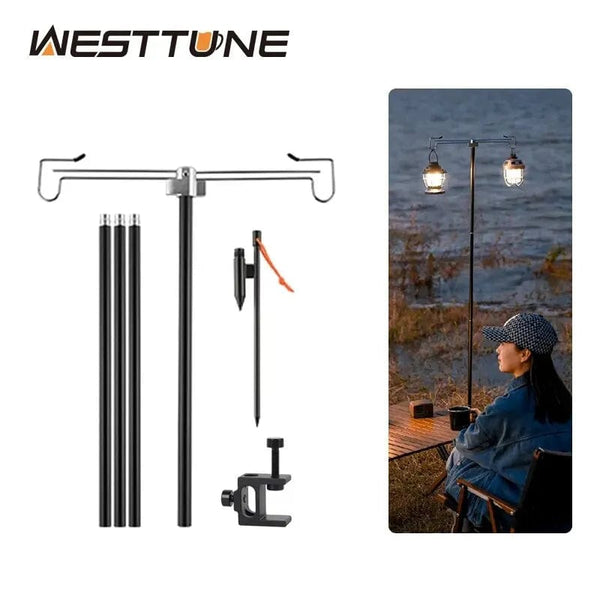 Planet Gates Black 4-Section WESTTUNE Camping Lamp Stand with Double Hooks Aluminum Alloy Foldable Lamp Pole Telescopic Outdoor Light Holder Lamp Hanger