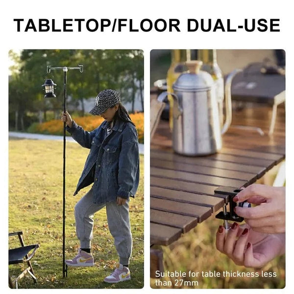 Planet Gates Black 4-Section WESTTUNE Camping Lamp Stand with Double Hooks Aluminum Alloy Foldable Lamp Pole Telescopic Outdoor Light Holder Lamp Hanger