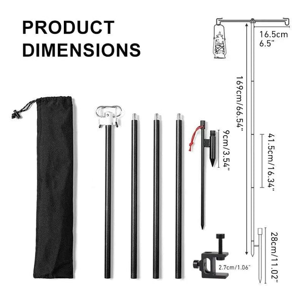 Planet Gates Black 4-Section WESTTUNE Camping Lamp Stand with Double Hooks Aluminum Alloy Foldable Lamp Pole Telescopic Outdoor Light Holder Lamp Hanger