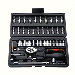 Planet Gates Black 46pcs Car Repair Tool Kit, 1/4 Inch Drive Socket Ratchet Wrench Set, Combo Tools Kit Bicycle Auto Repairing Tool