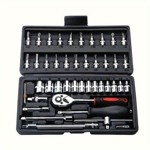 Planet Gates Black 46pcs Car Repair Tool Kit, 1/4 Inch Drive Socket Ratchet Wrench Set, Combo Tools Kit Bicycle Auto Repairing Tool