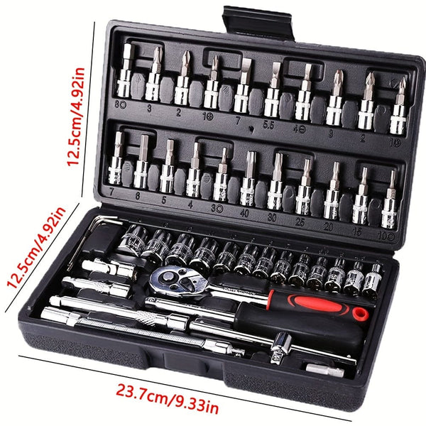 Planet Gates Black 46pcs Motorcycle And Car Repair Toolkit: Ratchet Torque Wrench, Wrench, Screwdriver, Socket Set - Perfect For Motorcycle And Car Repairs!