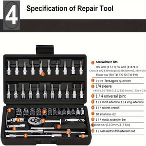 Planet Gates Black 46pcs Motorcycle And Car Repair Toolkit: Ratchet Torque Wrench, Wrench, Screwdriver, Socket Set - Perfect For Motorcycle And Car Repairs!
