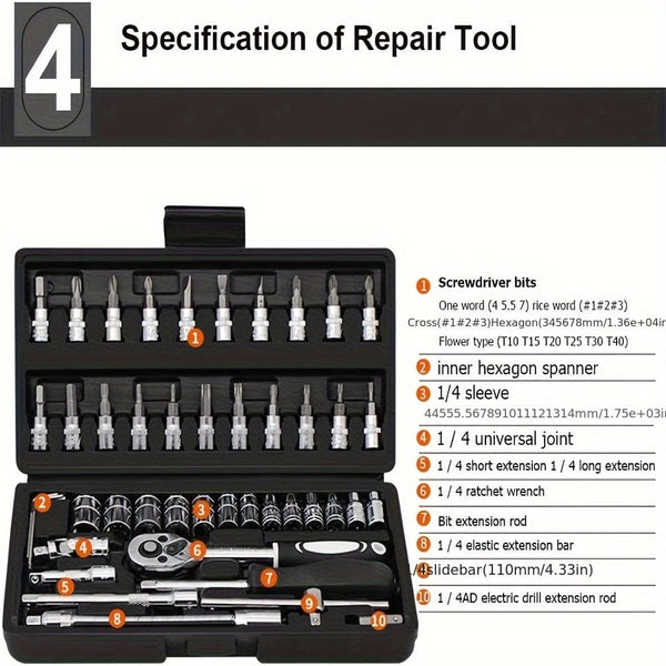 Planet Gates Black 46pcs Motorcycle And Car Repair Toolkit: Ratchet Torque Wrench, Wrench, Screwdriver, Socket Set - Perfect For Motorcycle And Car Repairs!