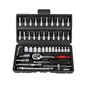 Planet Gates Black 46pcs Motorcycle And Car Repair Toolkit: Ratchet Torque Wrench, Wrench, Screwdriver, Socket Set - Perfect For Motorcycle And Car Repairs!