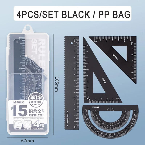 Planet Gates Black 4Pcs/Set M&G Aluminium Ruler Set Maths Drawing Metal Ruler  Stationery Rulers Mathematical for School