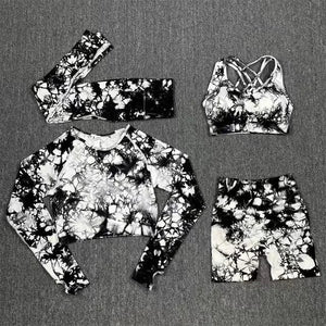 Planet Gates Black 4pcs set / M Seamless Tie-Dyed Yoga Sets Sports Fitness High Waist Hip Raise Pants Cutout Bra Suit Workout Clothes Gym Leggings Set for Women