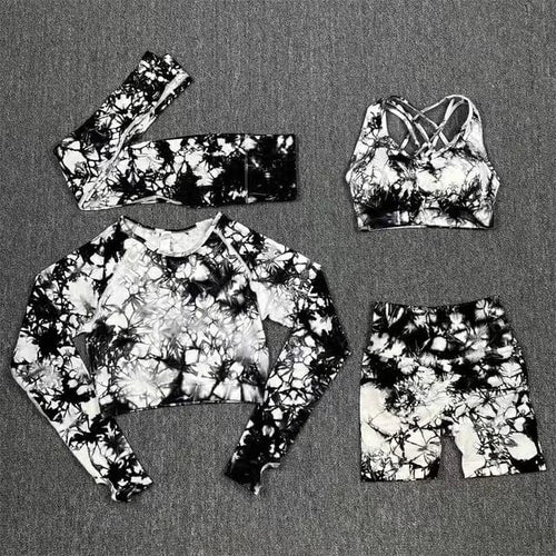 Planet Gates Black 4pcs set / M Seamless Tie-Dyed Yoga Sets Sports Fitness High Waist Hip Raise Pants Cutout Bra Suit Workout Clothes Gym Leggings Set for Women